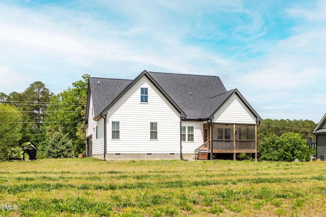 474 Pine Ridge Rd, Zebulon, NC 27597 - back of house featuring crawl space, a sunroom, roof with shingles, and a lawn