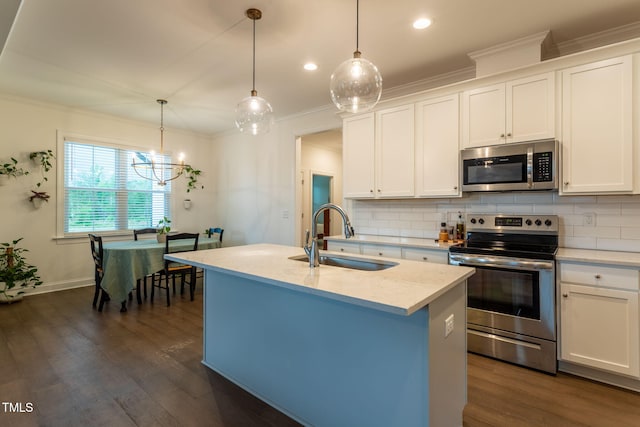 474 Pine Ridge Rd, Zebulon, NC 27597 - kitchen with appliances with stainless steel finishes, a sink, crown molding, tasteful backsplash, and white cabinetry