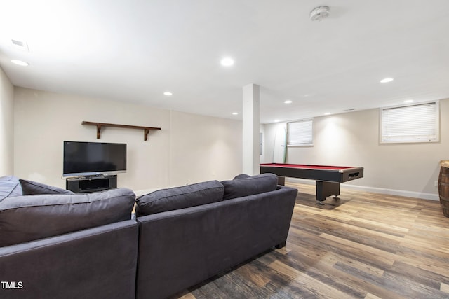 1005 Temple St, Raleigh, NC 27609 - living room with wood finished floors, billiards, recessed lighting, and baseboards