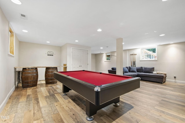 1005 Temple St, Raleigh, NC 27609 - playroom with light wood-style flooring, baseboards, billiards, and recessed lighting