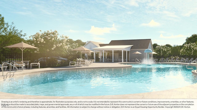 community pool featuring fence and a patio