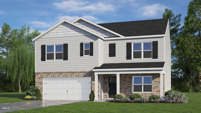 craftsman inspired home with a front lawn, driveway, an attached garage, and stone siding