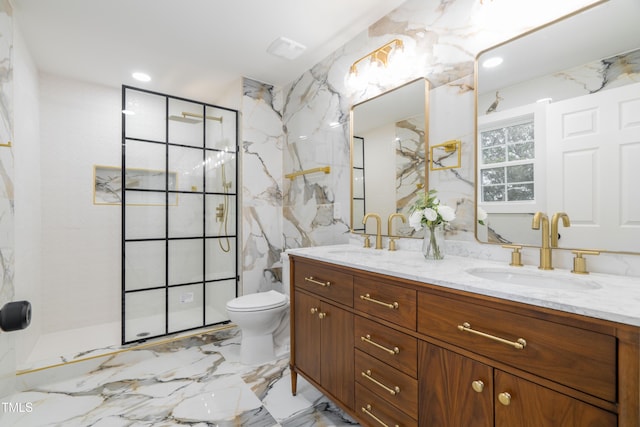 2515 W Club Blvd, Durham, NC 27705 - full bath with marble tiled flooring, toilet, a marble finish shower, double vanity, and recessed lighting
