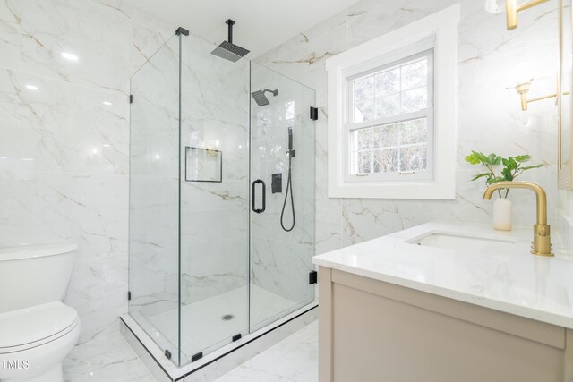 2515 W Club Blvd, Durham, NC 27705 - full bathroom featuring marble tiled flooring, a marble finish shower, tile walls, toilet, and vanity