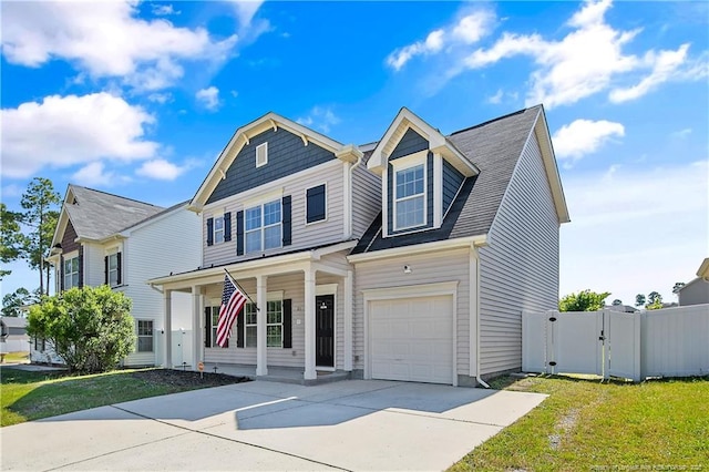 view of front of house featuring a gate, a porch, driveway, and a garage