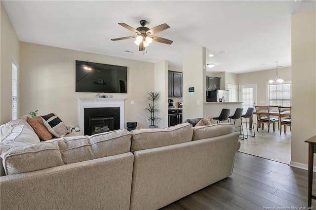 living area with a glass covered fireplace, ceiling fan, dark wood-style floors, and a chandelier
