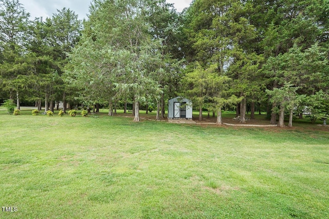 view of green lawn featuring a storage shed and an outdoor structure