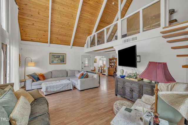 living room with high vaulted ceiling, wooden ceiling, wood finished floors, beam ceiling, and stairway