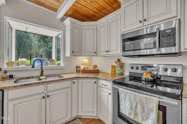 kitchen featuring stainless steel appliances, wooden ceiling, a sink, light stone counters, and white cabinetry