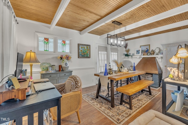 dining area featuring beam ceiling, wood ceiling, plenty of natural light, a chandelier, and wood finished floors