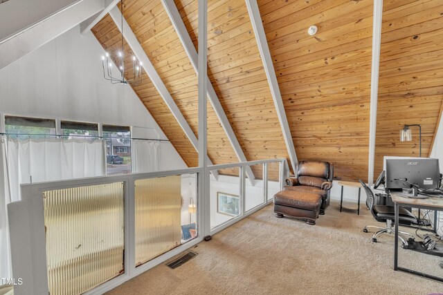 home office with carpet floors, wooden ceiling, and wood walls