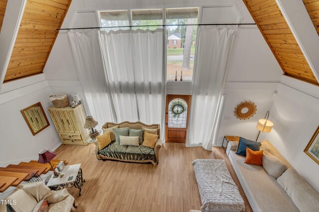 sitting room featuring wooden ceiling, lofted ceiling, and wood finished floors