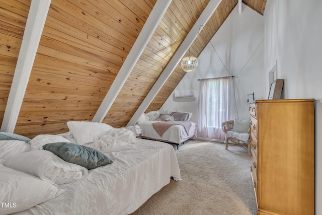 carpeted bedroom with wood ceiling