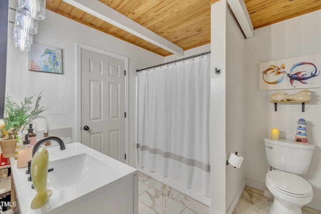 full bathroom with marble look tiles, wooden ceiling, toilet, a shower with curtain, and vanity