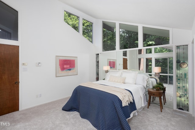carpeted bedroom with a high ceiling