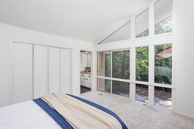 unfurnished bedroom with vaulted ceiling, multiple windows, carpet floors, a closet, and connected bathroom