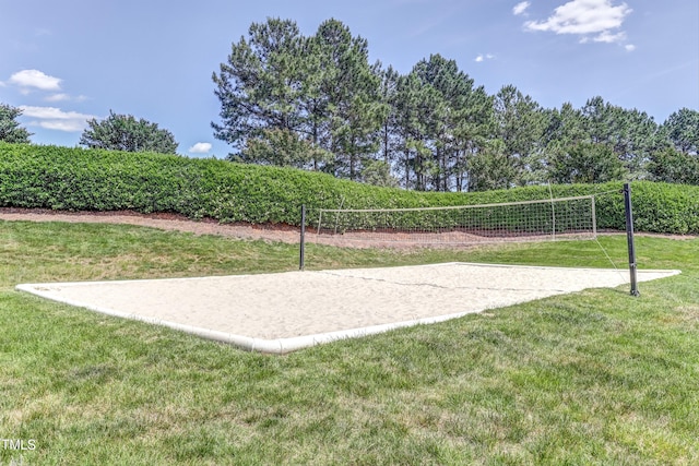 view of property's community with volleyball court and a yard