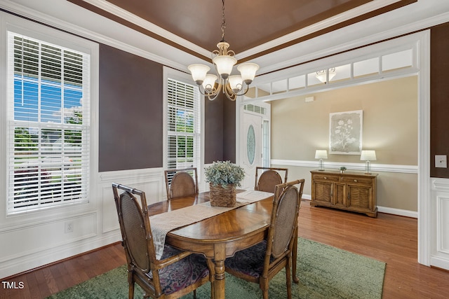182 Brendamoore Ct, Fuquay Varina, NC 27526 - dining area featuring a chandelier, wood finished floors, healthy amount of natural light, wainscoting, and ornamental molding