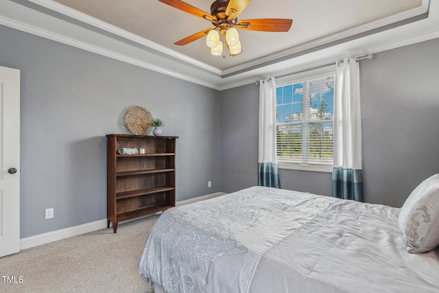 182 Brendamoore Ct, Fuquay Varina, NC 27526 - bedroom with a raised ceiling, baseboards, ornamental molding, carpet flooring, and ceiling fan