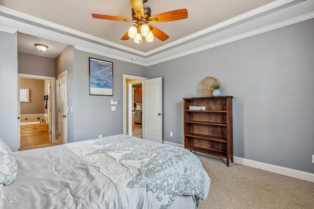 182 Brendamoore Ct, Fuquay Varina, NC 27526 - bedroom with light colored carpet, ornamental molding, baseboards, a ceiling fan, and ensuite bath