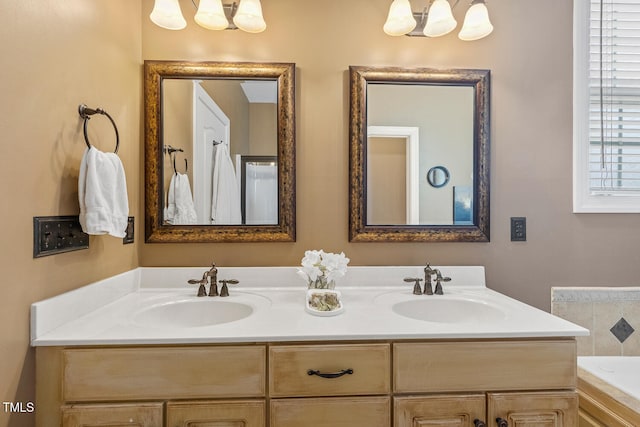 182 Brendamoore Ct, Fuquay Varina, NC 27526 - full bathroom featuring double vanity, a bathtub, and a chandelier