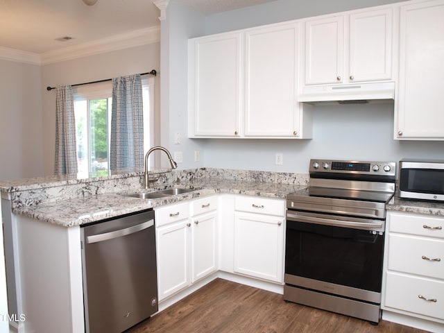 kitchen with appliances with stainless steel finishes, under cabinet range hood, a sink, a peninsula, and ornamental molding