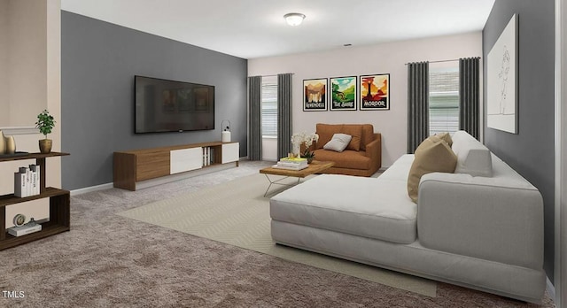 carpeted living area with baseboards