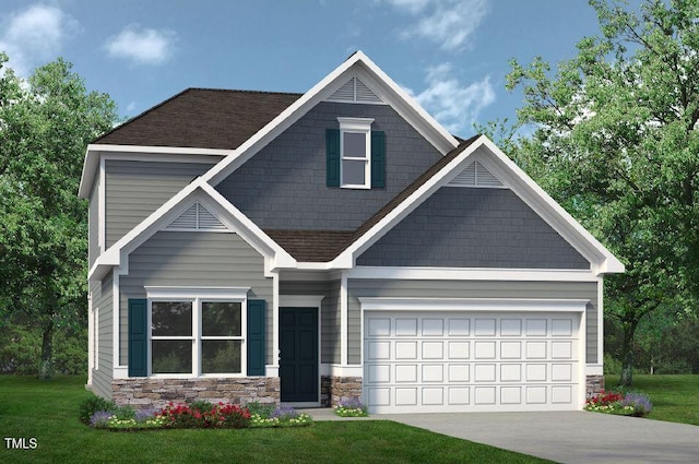 craftsman-style house featuring stone siding, driveway, and a front lawn