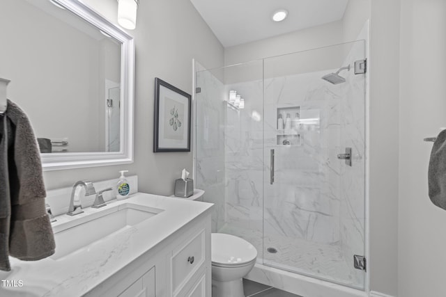 120 Harmony Hill Ln, Cary, NC 27513 - full bathroom featuring a marble finish shower, toilet, and vanity