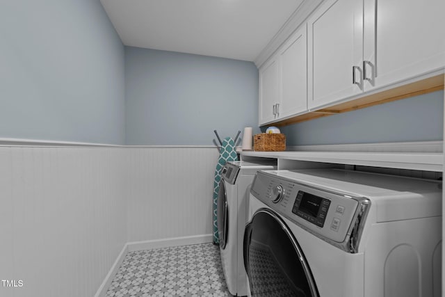 120 Harmony Hill Ln, Cary, NC 27513 - laundry area with independent washer and dryer, cabinet space, light flooring, a wainscoted wall, and baseboards