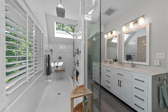 120 Harmony Hill Ln, Cary, NC 27513 - full bath with a walk in shower, tile patterned flooring, a skylight, and vanity