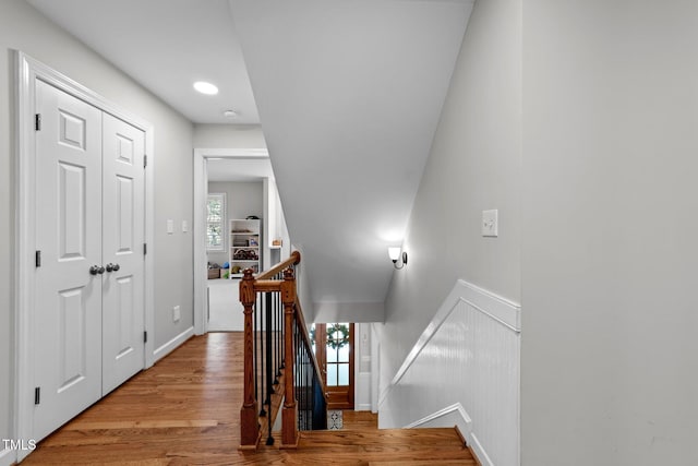 120 Harmony Hill Ln, Cary, NC 27513 - corridor featuring an upstairs landing, light wood finished floors, baseboards, and recessed lighting