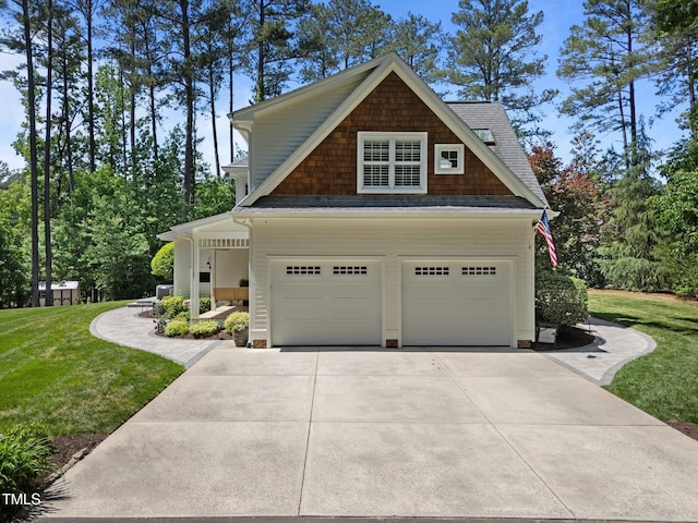 120 Harmony Hill Ln, Cary, NC 27513 - view of side of property with a yard, an attached garage, concrete driveway, and a porch