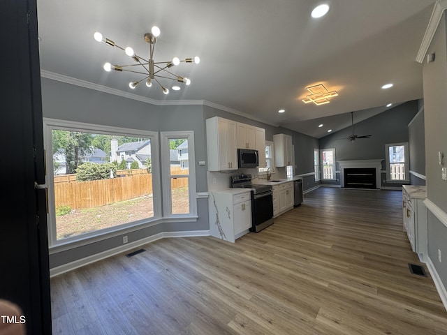 kitchen with stainless steel appliances, open floor plan, healthy amount of natural light, a sink, and vaulted ceiling