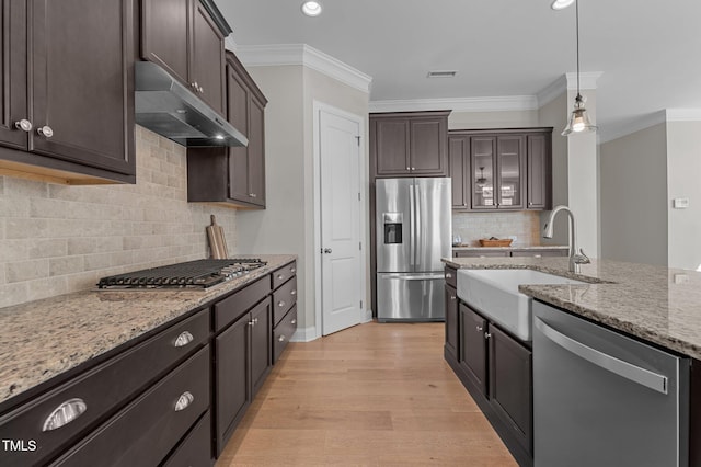 kitchen featuring stainless steel appliances, under cabinet range hood, a sink, dark brown cabinets, and light stone counters