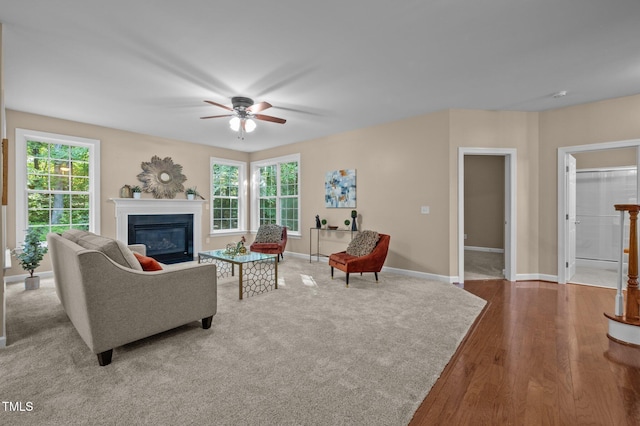 living area with a ceiling fan, baseboards, a glass covered fireplace, and wood finished floors