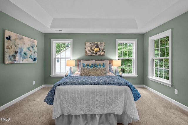carpeted bedroom featuring a tray ceiling and baseboards
