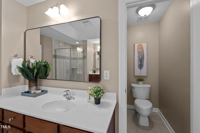 full bath featuring tile patterned floors, a shower stall, vanity, and toilet