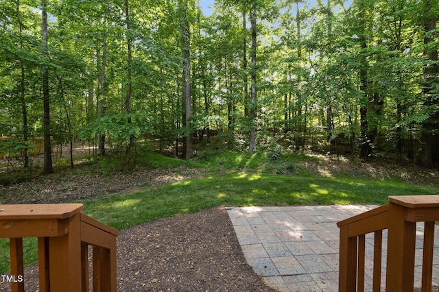 view of green lawn featuring a patio area