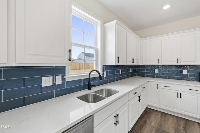 50 Rosewood Ln, Youngsville, NC 27596 - kitchen featuring a sink, white cabinets, light countertops, dark wood-style floors, and recessed lighting
