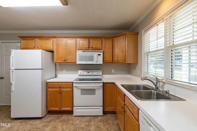 716 Lakeview Ave, Wake Forest, NC 27587 - kitchen with white appliances, a sink, ornamental molding, light countertops, and brown cabinets