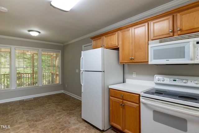 716 Lakeview Ave, Wake Forest, NC 27587 - kitchen featuring white appliances, baseboards, ornamental molding, light countertops, and stone finish floors