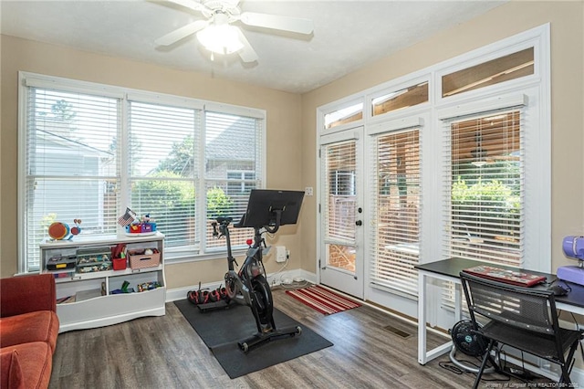 3024 Metthame Dr, Fayetteville, NC 28306 - exercise room with wood finished floors, ceiling fan, and baseboards