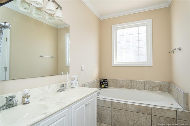 3024 Metthame Dr, Fayetteville, NC 28306 - bathroom featuring a bath, double vanity, and ornamental molding