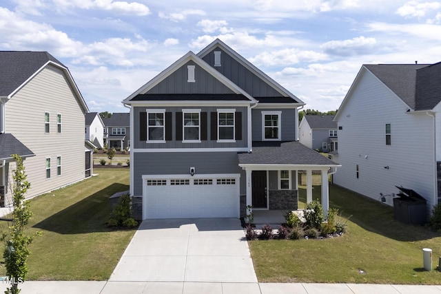 craftsman inspired home with board and batten siding, covered porch, an attached garage, stone siding, and a front lawn