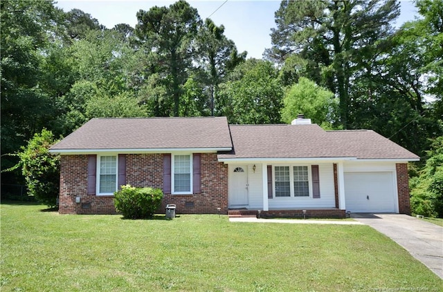 4831 Belford Rd, Fayetteville, NC 28314 - view of front of home with an attached garage, driveway, a front lawn, brick siding, and a chimney
