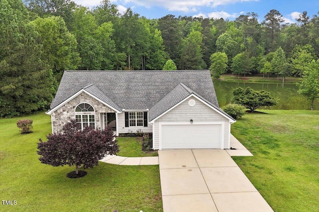 1969 Bowles Ave, Creedmoor, NC 27522 - view of front of property featuring a garage, a front lawn, concrete driveway, stone siding, and a shingled roof