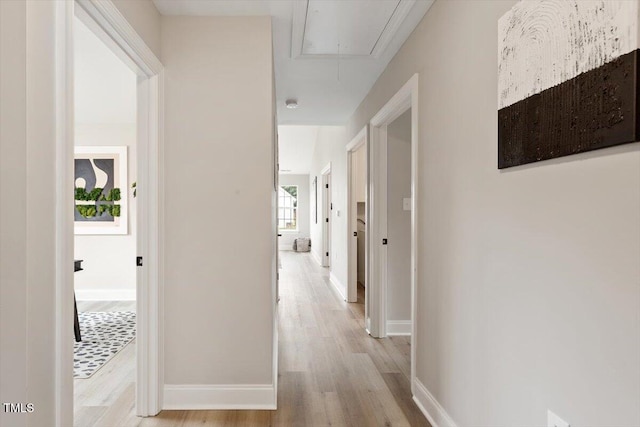 1969 Bowles Ave, Creedmoor, NC 27522 - hall featuring attic access, light wood-type flooring, and baseboards