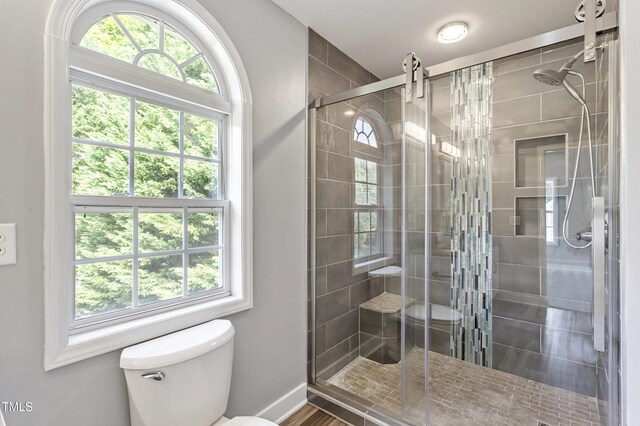 bathroom featuring toilet, healthy amount of natural light, a stall shower, and baseboards