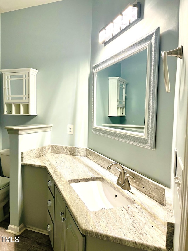 bathroom with vanity, toilet, and wood finished floors